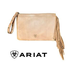 Ariat Genuine Leather Wristlet Clutch Bag with Fringe, Tan, Western Style, NEW